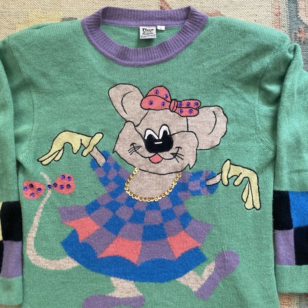 80s Graphic Mouse Sweater Vintage Large Weird Unique Long New Wave Cottage